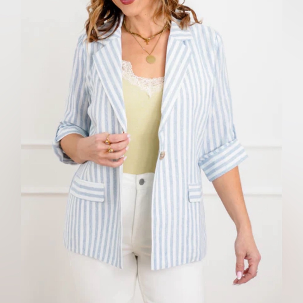 Entro: Gray/Cream Striped Linen Blazer Small